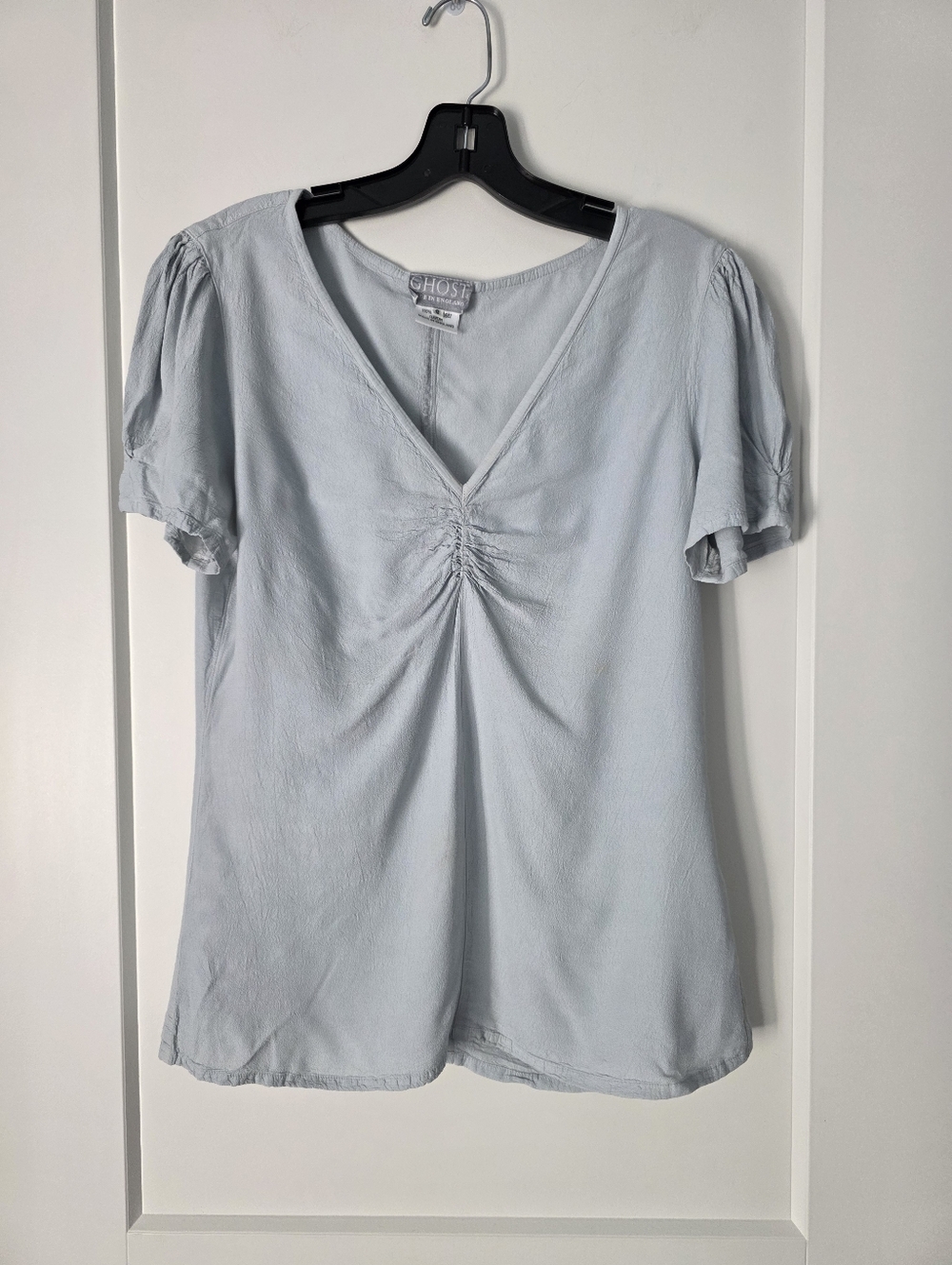 Vintage GHOST MADE IN ENGLAND Pale Blue V-Neck Gathered Front Blouse - Picture 2 of 11